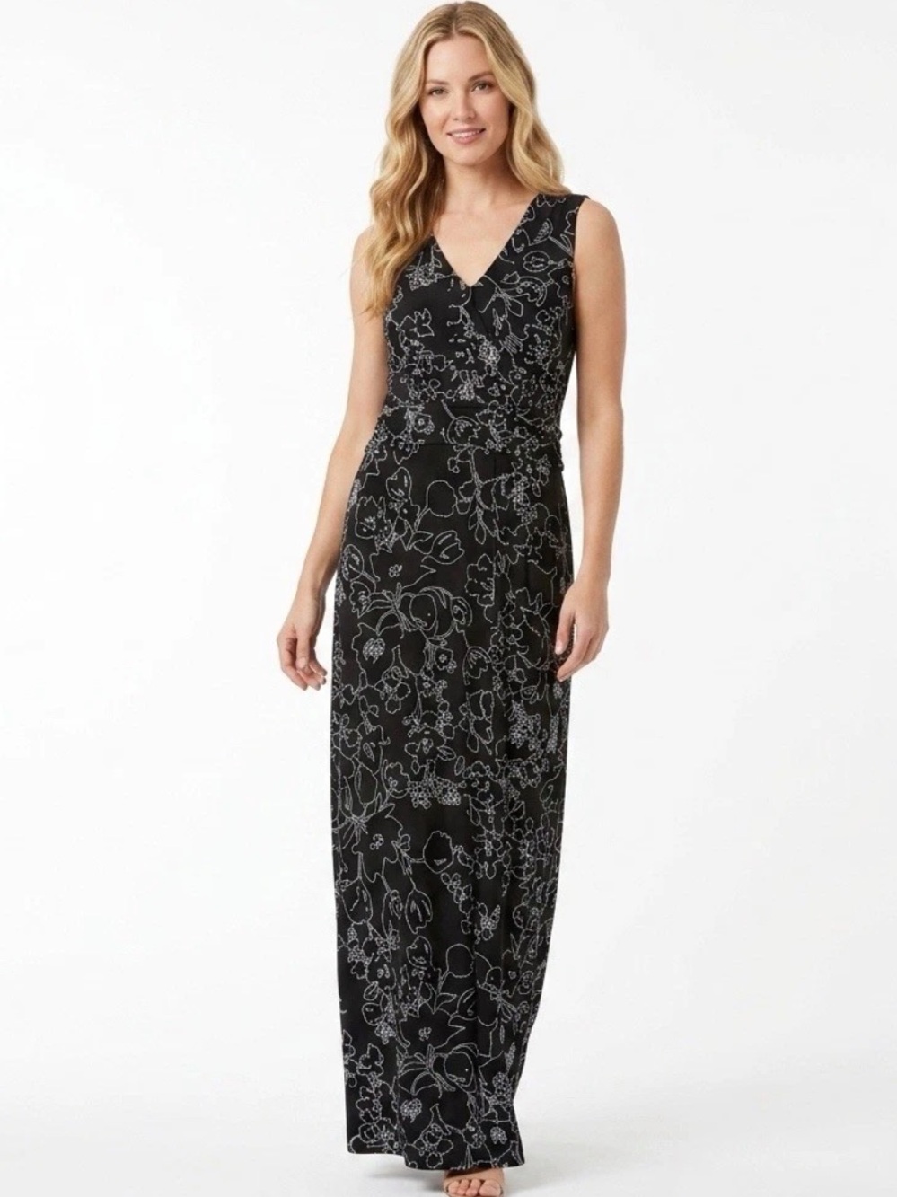 Soma Soft Jersey Shelf Bra Maxi Dress Sleeveless V-Neck Black White Floral Large